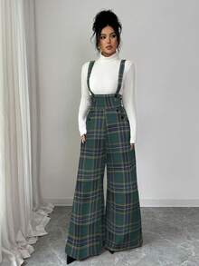 Elenzga Bộ jumpsuit nữ kẻ caro có túi, thời trang, đa năng, thích hợp cho kỳ nghỉ, với ống quần rộng. - Màu xanh lá cây đậm - Xem 5