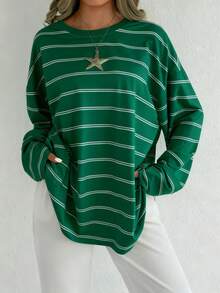 SHEIN EZwear Casual Striped Long Sleeve Crew Neck T-Shirt, Autumn - Green - View 3