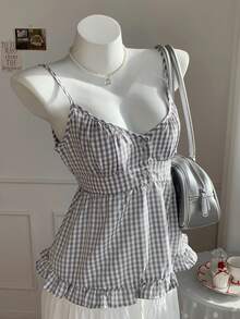 SHEIN EZwear 女士夏季格紋蕾絲背心，襯有褶邊 - 彩色 - 查看 7