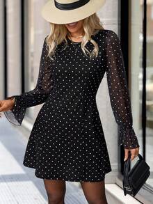 Solivie Women's Polka Dot Print Round Neck Flare Sleeve Elegant Short Dress Black And White Polkadot Dress Long Sleeve Elegant Dress Black Mesh Dress - Black - View 2