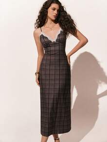 Poéselle Women's Elegant Lace Trim Plaid Sleeveless Midi Dress, Summer - Brown - View 3