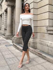 Firerie 女士优雅休闲度假裤，适合春夏穿着，黑白波点针织低腰修身七分裤，适合下午茶、海滩度假、教师装和居家休闲穿着。 - 黑與白 - 查看 4