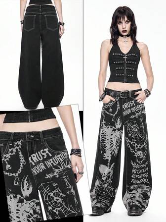 Jeans larges et amples pour femmes avec imprimé gothique punk de squelette, croix, toile d'araignée et chaîne