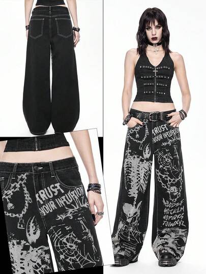 Women's Loose Fit Wide Leg Jeans With Punk Gothic Skeleton, Cross, Spider Web & Chain Print