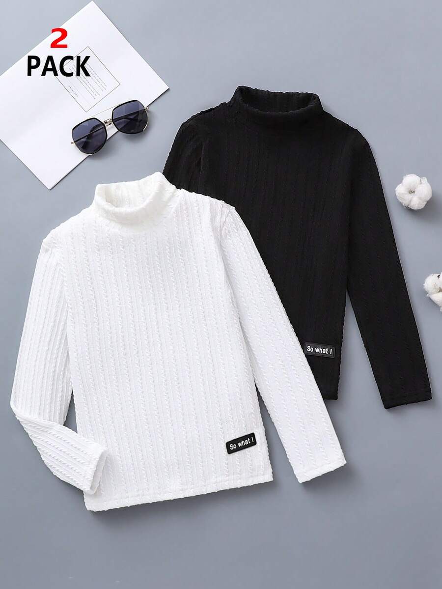 SHEIN 2件装字母拼接细节高领罗纹T恤 - 黑與白 - 查看 1