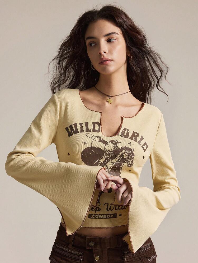 Easelle Casual Vintage Cowgirl Mustard Yellow Printed Knit Fitted Women T-Shirt Apricot-Colored V-Neck Nomadic Print,Graphic Tees - Pale Yellow - View 5