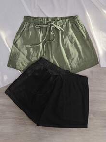 SHEIN EZwear 2 条装纯色松紧腰系带斜口袋短裤