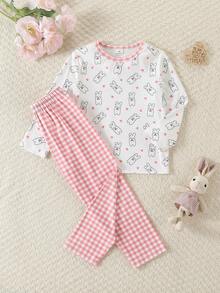 两件套女童长袖套头衫和裤子睡衣套装，针织面料，可爱兔子和格子印花，舒适柔软