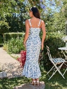 KARISMINA 女士碎花无袖连衣裙，适合春夏度假穿着，春季蓝色连衣裙，野餐连衣裙，蓝白碎花连衣裙 - 藍白色 - 查看 2