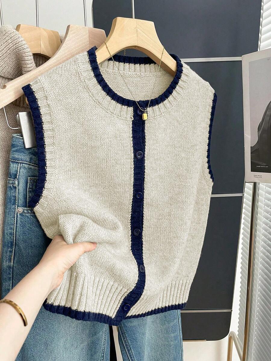 Franclia French Retro Loose Round Neck Sleeveless Contrast Trim Khaki Women Sweater Vest, Suitable For Autumn/Winter Women Outfits