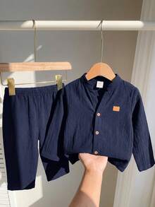 2 Peças Conjunto Básico Casual para Bebê Menino/Menina, Camisa de Manga Longa Branca com Gola Mandarim e Calça de Cintura Elástica, Adequado para Outono, Primavera, Verão, Ideal para Festa de Aniversário, Festa de Ano Novo, Festa da Noite, Apresentação, Casamento, Chá de Bebê, Batizado e Comemoração do 1º Aniversário - Azul Marinho - Visão 6