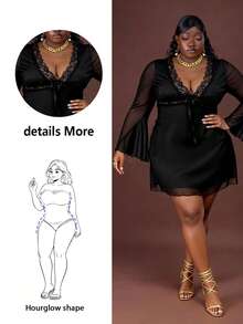 CurvyTilda Váy lưới nơ cổ chữ V màu đen cỡ lớn - màu đen - Xem 8