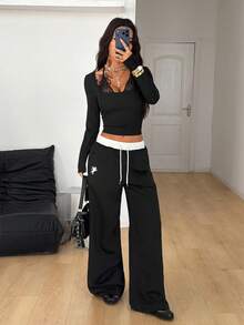 Coolane 女士秋冬节日休闲复古辣妹Y2K返校吊带撞色蕾丝二合一长袖T恤 - 黑色 - 查看 6