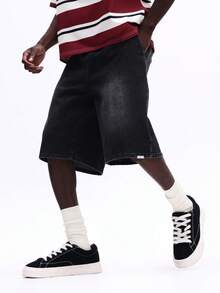 SUMWON Quần short jean nam dáng rộng thoải mái, chất liệu denim mài vintage, dài đến đầu gối, ống rộng, kiểu dáng thường ngày mùa hè, có túi sau, phong cách streetwear. - Màu xám đen - Xem 1