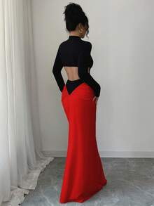 Elenzga Elegant Sexy Party Dress With Pearl Decor & Cutout Design, Autumn/Winter - Red - View 2