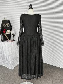 Coolane Plus Size  Spring/Summer Going Out Date Night Rave Outfit Renaissance Fair Club Outfits Party Hippie Goth Y2K Lace  Formal Evening Gown Black Midi Dress - Black - View 4