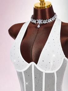 Amplova 露背无袖水钻装饰收腰透视迷你派对连衣裙 - 白色 - 查看 5