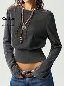 Bohemela Casual Solid Color Knit Crew Neck Long Sleeve Cropped Women Top - Black - View 1
