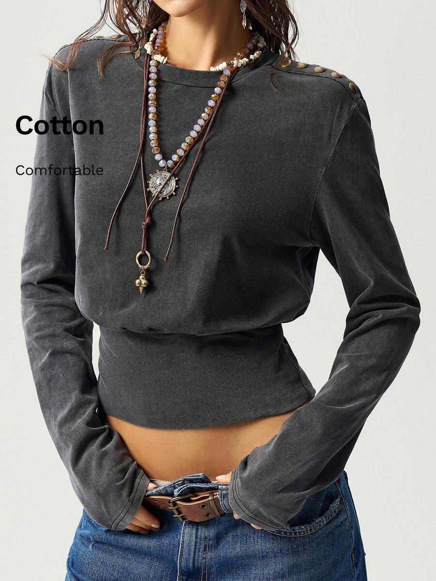 Bohemela Casual Solid Color Knit Crew Neck Long Sleeve Cropped Women Top - Black - View 1
