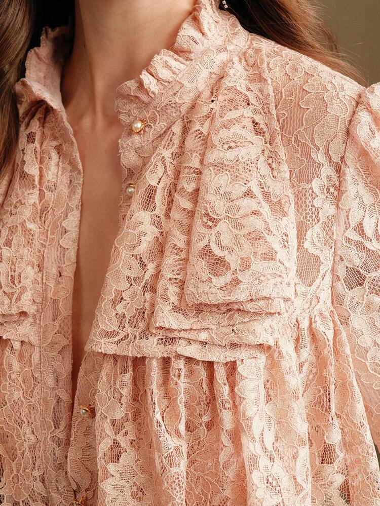 Women's Elegant Casual Stand Collar French Lace Ruffle Patchwork Blouse, Suitable For Winter, Thanksgiving, New Year, Christmas