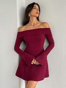 SHEIN Tall Đầm nữ màu đỏ tía trễ vai, đầm ngắn tay dài dáng chữ A, có túi giả, đầm dự tiệc. - Màu Đỏ Sâu - Xem 2