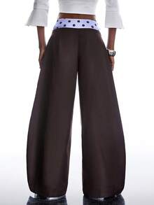 LYSMO 2026 New Arrive Minimalism Spring/Summer  Women's Waist Patchwork Polka Dot Pattern Pocket Flared Leg Casual Pants - Coffee Brown - View 2