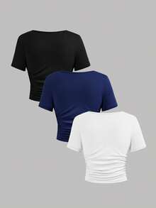 SHEIN Girlism Tween Girl Slim Fit Casual Knit Solid Color Crew Neck Ruched Short Sleeve T-Shirt 3-Piece Set KIDS - Navy Blue - View 2
