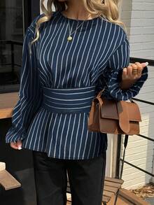Siren Gaze Autumn/Winter New Casual Commuter Striped Waist Shirt Stripe Shirt Spring - Navy Blue - View 6