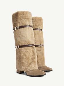 CUCCOO CHICEST Women's Fashionable Commuter Fuzzy Buckle Thick High Heel Knee-High Boots For Christmas - Khaki - View 2