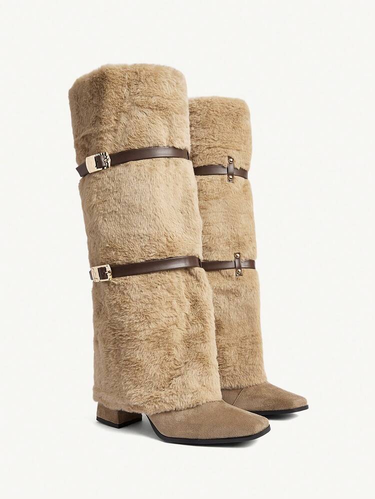 CUCCOO CHICEST Women's Fashionable Commuter Fuzzy Buckle Thick High Heel Knee-High Boots For Christmas