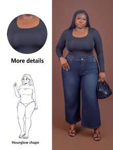 CurvyTilda Plus Size Solid Scoop Neck Bodysuit, For Hourglass Body Shape, For Body Shape, For Summer - Black - View 1