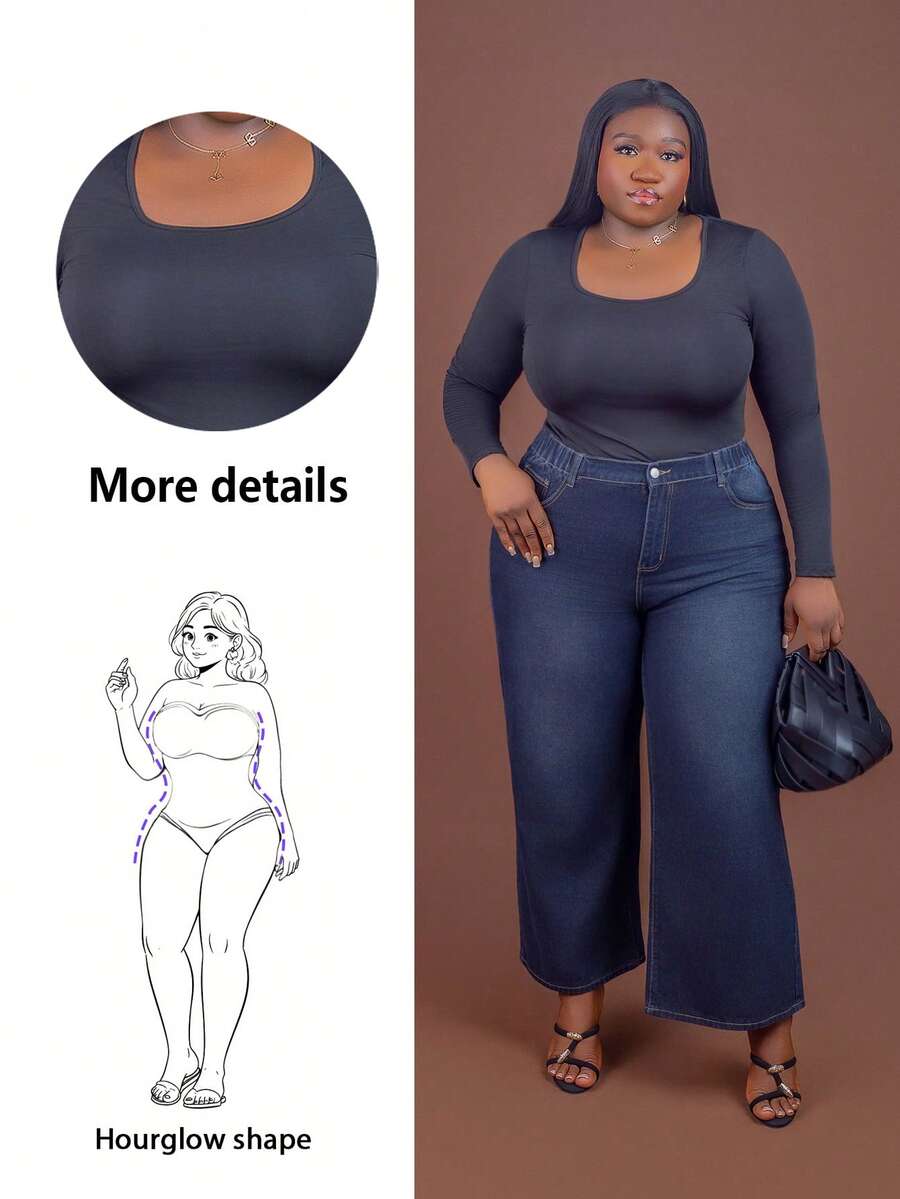 CurvyTilda Plus Size Solid Scoop Neck Bodysuit, For Hourglass Body Shape, For Body Shape, For Summer - Black - View 1