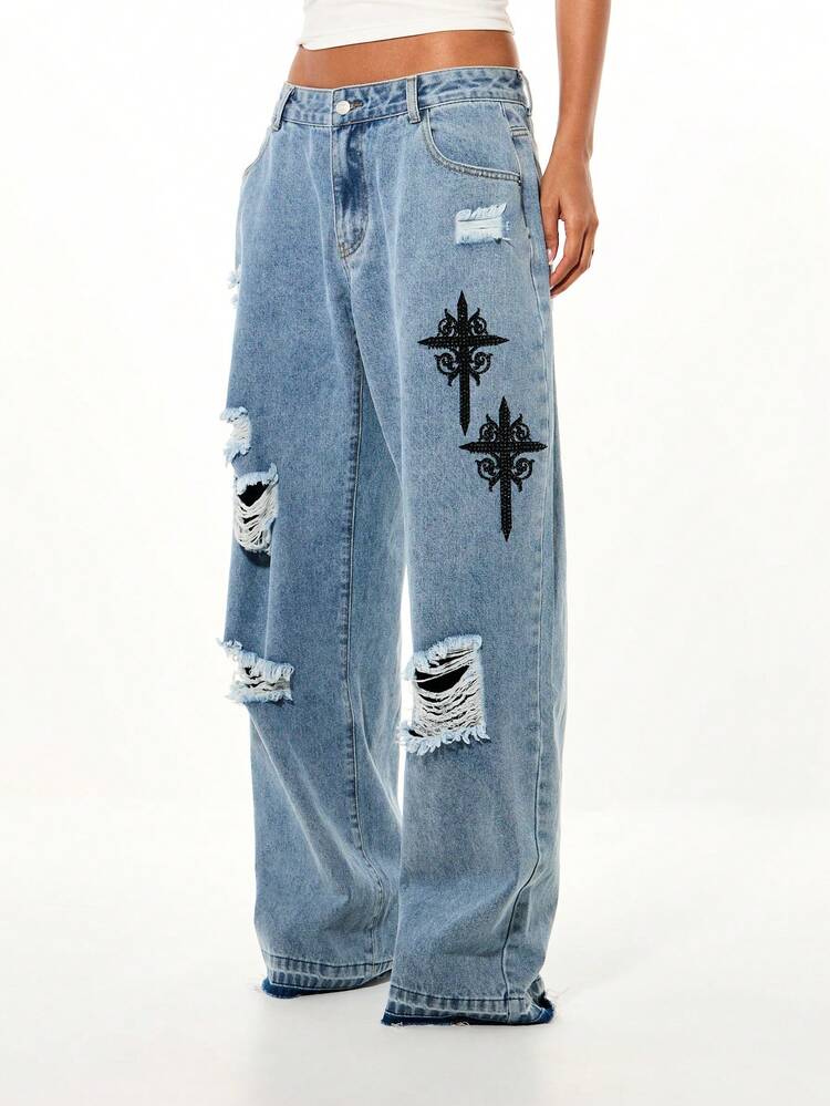 SUMWON WOMEN Ripped Baggy Jeans With Cross Embroidery
