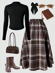 2pcs/Set Tween Girl Stand Collar Long Sleeve T-Shirt And Plaid Elastic Waist A-Line Skirt - Multicolor - View 2