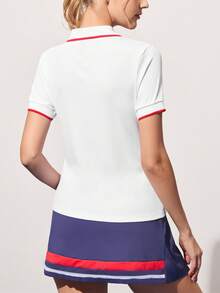 Gameset SHEIN Sport Kaos Polo Olahraga Lengan Pendek Wanita dengan Desain Resleting Warna Kontras - Putih - View 2