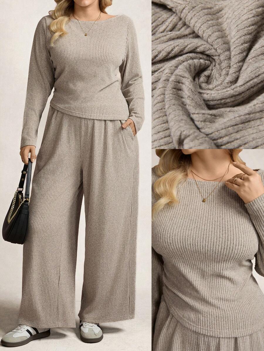 Zelara Khaki,Autumn,Curve,Smart Casual,Loungewear Plus Size Solid Color Top And Wide Leg Pants 2 Pieces Set,Women's Winter Sweater Sets Comfy Neutral Clothes - Apricot - View 1