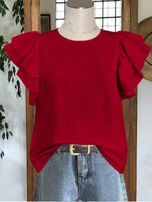 Mellowie 女士纯色圆领短袖荷叶边下摆优雅衬衫 - 紅色 - 查看 7