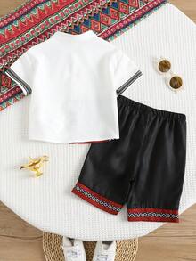 SHEIN 2pcs/Set Toddler Baby Boy Traditional Pattern Color Block Polo Shirt&Shorts,Casual Boho Birthday Outfit,Black And White,Summer Festivals Celebration - White - View 2