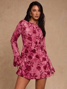 Glamine 春季新款情人节浪漫扎染玫瑰印花露背迷你连衣裙，可调节露背系带喇叭袖粉色优雅A字连衣裙，收腰修身连衣裙，适合日常、派对、海滩度假等场合 - 淺粉色 - 查看 2