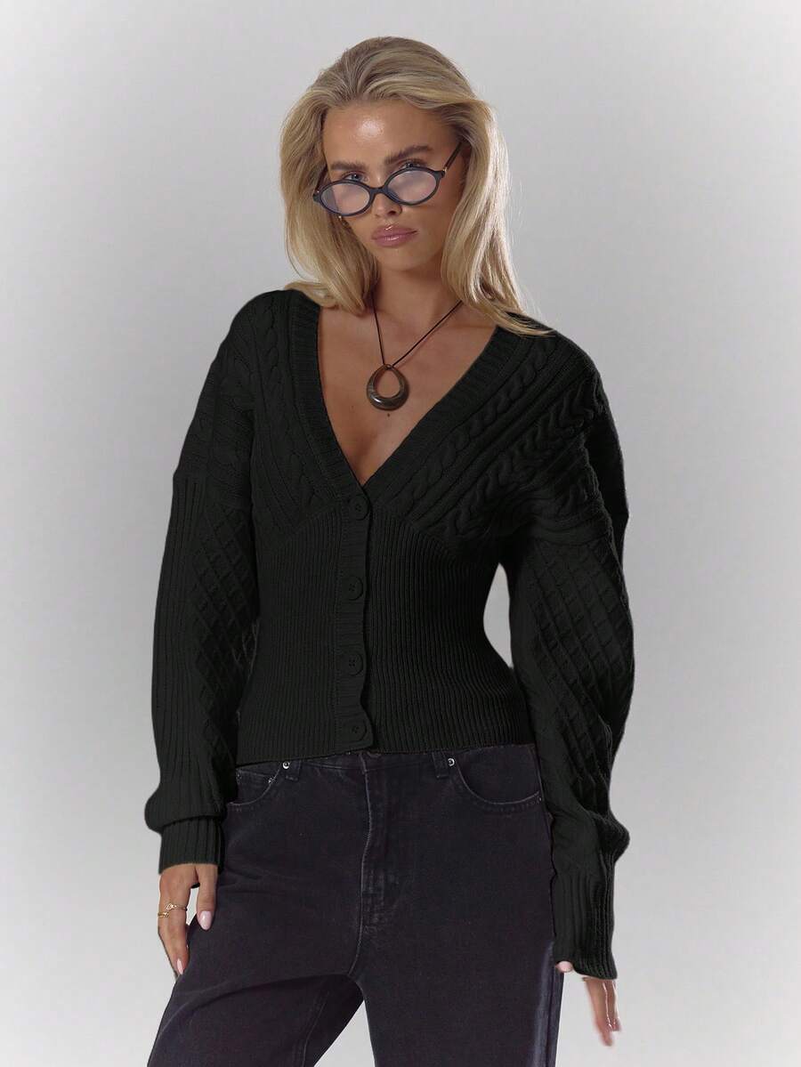 MUSERA V-Neck Cable Knit Cinched Waist Cardigan Fall Autumn Cosy Cute Casual Coffee Club Winter  Elegant Evening Party - Black - View 1