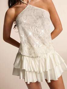 SHEIN BAE Damklänning i enfärgad paljett med volang och trendig elegant halterneck - Aprikos - Visa 8