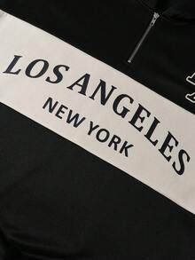 PAVTROS Men's Casual Contrast Color Letter Print Hoodie And Sweatpants Set, Autumn,Vintage,Personalised ,Vacation,Men's,Party,Y2k,Summer,Festival,New Years,Search,Color-Blocked Half-Zip Hooded Los Angeles-Style Printed Hooded Sweatshirt Set For Men - Multicolor - View 6