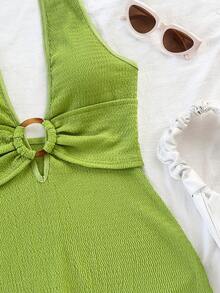 Soleia 女士白色纹理针织露背连体裤，饰有圆形圆环，优雅性感，适合万圣节、圣诞节、度假等场合。 - 綠色 - 查看 5