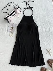 Comfortcana Plus Solid Halter Neck Backless Dress - Black - View 1