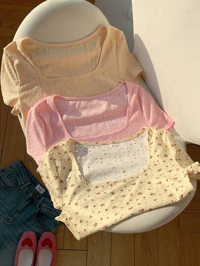 Comfortcana Set de 3 camisetas básicas de cuello redondo de manga corta para mujer, color café y blanco