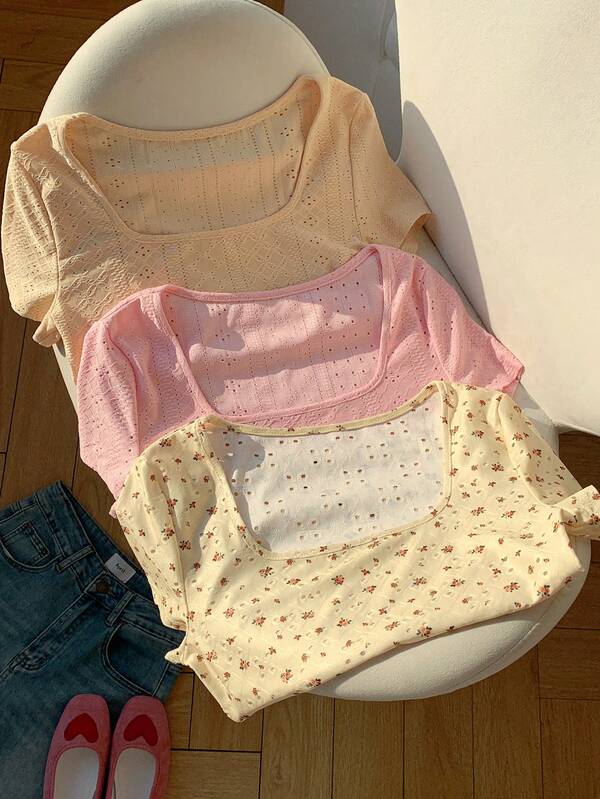 Comfortcana 3pcs/Set Plus Size Floral Jacquard Square Neck Short Sleeve Casual Vacation T-Shirt, Spring/Summer 2026 New Arrival