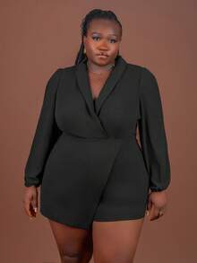 CurvyTilda 大码女式纯色披肩领灯笼袖不对称下摆优雅连体裤