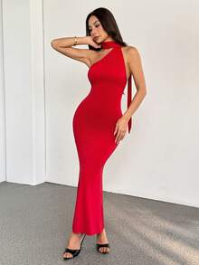 SHEIN PETITE 女士纯红色露背吊带长裙，适合约会、圣诞节、感恩节派对 - 紅色 - 查看 2