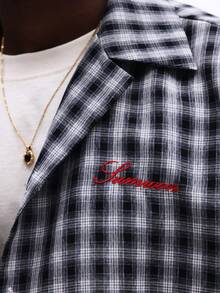 SUMWON Men's Long Sleeve Checked Graphic Button Down Shirt With Embroidered Logo Detail Regular Fit Collared Top - Black and White - View 6