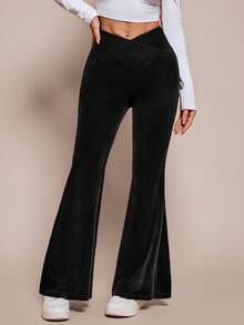 SHEIN PETITE Women's Solid Color Fashionable Asymmetric Waist Velvet Flare Pants - Black - View 3